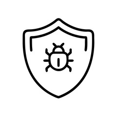 Poster - Black line icon of shield with bug/virus symbol inside. Use for cybersecurity sites, antivirus software, or IT support themes.