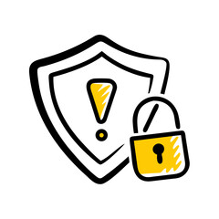 Aufkleber - Hand-drawn shield icon with exclamation mark and padlock (yellow accents). Use for security alerts, login status, or protection themes.