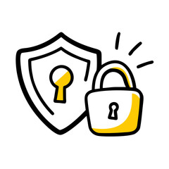 Aufkleber - Hand-drawn shield icon with exclamation mark and padlock (yellow accents). Use for security alerts, login status, or protection themes.