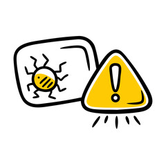 Poster - Doodle icon: yellow computer bug/virus on screen, yellow warning sign with exclamation mark. Use for cybersecurity, virus alert, or tech problem sites.
