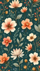 Poster - Elegant Floral Textile Design with Pastel Flowers and Dark Teal Background for Fabrics and Surface Pattern Design