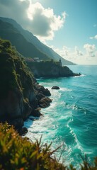 Aufkleber - Dramatic coastline with rocky cliffs, turquoise ocean, and historic lighthouse under a partly cloudy sky