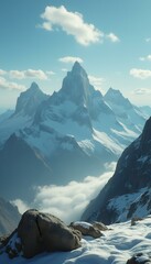 Aufkleber - Majestic mountain peaks covered in snow rise above a sea of clouds on a bright, clear day, presenting a serene alpine panorama
