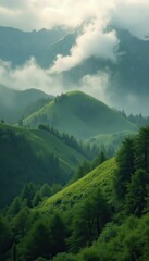 Poster - Lush Green Hills and Mountain Peaks Bathed in Soft Light and Wisps of Clouds