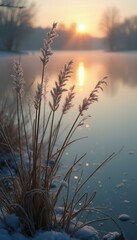 Poster - Frozen reeds stand tall in frosty landscape at sunrise, creating a serene winter scene with snow-covered ground and tranquil waters