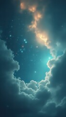 Aufkleber - Serene Celestial Vista: Dreamy Clouds Enveloping a Starry Night Sky with Ethereal Glow