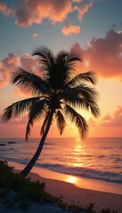 Aufkleber - Tranquil Tropical Paradise: Silhouetted Palm Tree Against a Vibrant Sunset Over a Calm Ocean