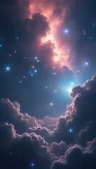 Poster - Celestial Dance: Radiant Clouds Embrace a Starry Sky in a Dreamy, Ethereal Nightscape, Creating a Breathtaking Atmospheric Vista