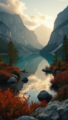 Poster - Mountain lake landscape with reflection of clouds and mountains in crystal clear water