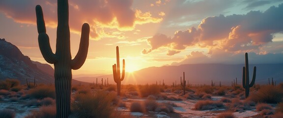 Poster - Mesmerizing sunset over a desert landscape featuring majestic saguaro cacti against a backdrop of mountains and golden clouds.