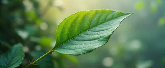 Aufkleber - Close-up of a Fresh Green Leaf Veined with Delicate Water Droplets, Illuminated by Natural Light