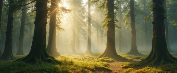 Poster - Sunlight Filtering Through a Dense Forest with Fog and Moss-Covered Trees, Creating a Serene and Magical Atmosphere