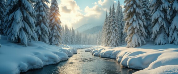 Poster - Winter landscape with snowy trees and river flowing through a snow-covered forest, sunlight shines through the clouds creating a m