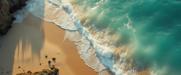Poster - Aerial view of turquoise ocean waves lapping against a sandy beach with dramatic shadows and coastal rock formations, creating a t