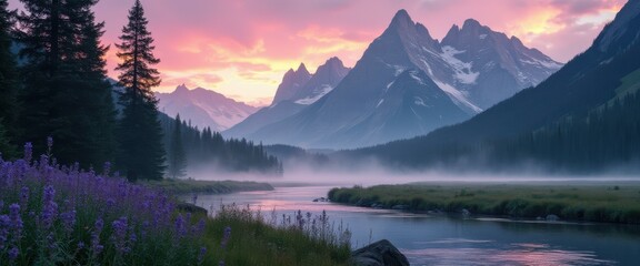Poster - Mountain river landscape with morning mist and purple wildflowers in the foreground, creating a serene and scenic view