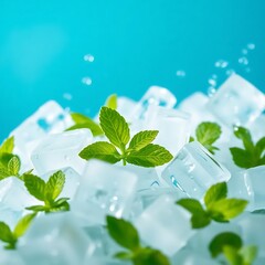 Poster - An artistic macro shot of water droplets bursting around fresh mint leaves, with ice fragments glistening under cool lighting