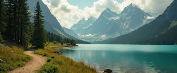 Poster - Scenic Mountain Lake Landscape with Hiking Path and Lush Green Forest