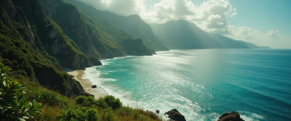 Leinwandbilder - Majestic Green Mountains Meet Turquoise Ocean: A Coastal Landscape of Natural Beauty and Serenity