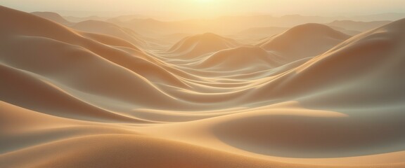 Poster - Sand dunes at sunset, a serene desert landscape with rolling hills and warm sunlight creating soft shadows