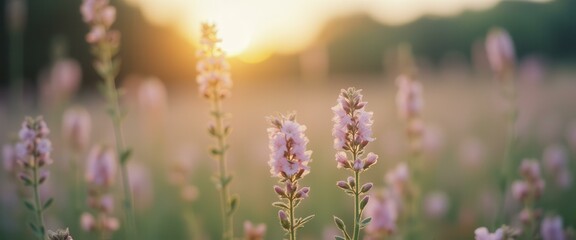 Poster - Warm sunlight illuminating pink wildflowers in a peaceful, dreamy meadow at dawn, creating a serene and tranquil atmosphere.