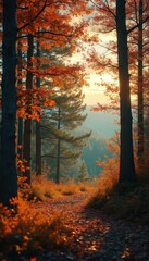 Aufkleber - Autumn forest pathway scene with orange leaves and sunlight, nature landscape, trees, foliage and trail