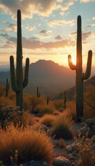 Poster - Serene desert landscape with iconic saguaro cacti silhouetted against a vibrant sunset sky