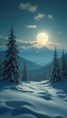 Poster - Enchanting Moonlit Winter Landscape with Snow-Covered Trees and Distant Mountains