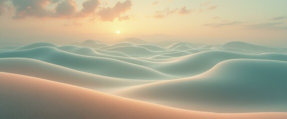 Poster - Serene, surreal desert landscape with rolling sand dunes under a soft pastel sunrise