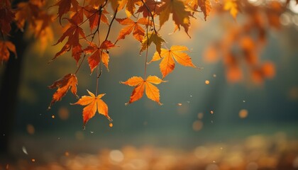 Aufkleber - Vibrant orange maple leaves hang serenely in a sunlit autumn forest, showcasing the beauty of fall foliage with a bokeh background.