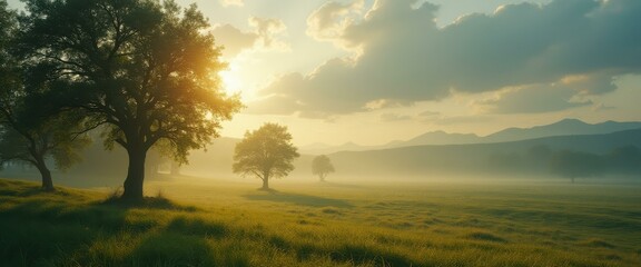 Aufkleber - Serene landscape with a golden meadow, lush trees illuminated by sunlight breaking through soft clouds and distant hills