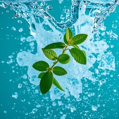 Poster - A high-speed capture of mint leaves suspended in mid-air as crystal-clear water splashes around them, with crushed ice sparkling in the background. 