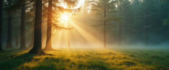 Aufkleber - Sunlight filters through a misty forest, illuminating the meadow with a golden glow, creating a serene and idyllic natural scene.