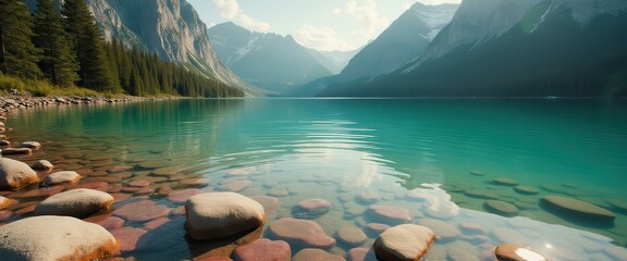 Poster - Tranquil teal lake surrounded by towering mountain peaks and lush green forest landscape under a bright, sunny sky.
