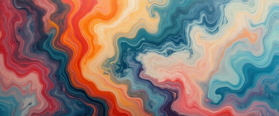 Poster - Abstract fluid art painting with vibrant swirls of red, orange, yellow, and blue colors creating a mesmerizing marble effect