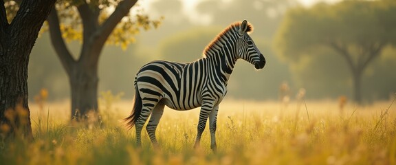 Poster - zebra stands regally in a sun-drenched grassy field at dawn, a peaceful landscape with trees and haz