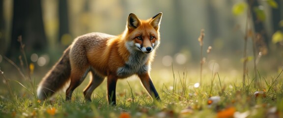 Aufkleber - Alert fox navigating a sun-dappled forest glade in the golden hour, displaying nature's beauty and wildlife resilience