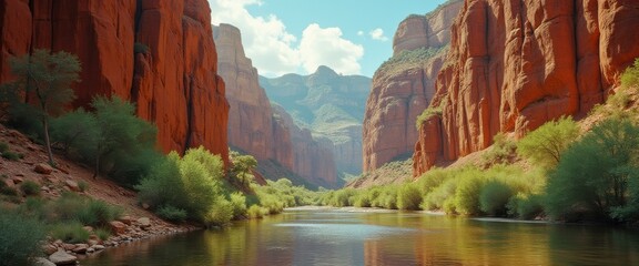 Poster - Majestic canyon landscape with a serene river, towering red rock cliffs, and lush green trees under a bright blue sky