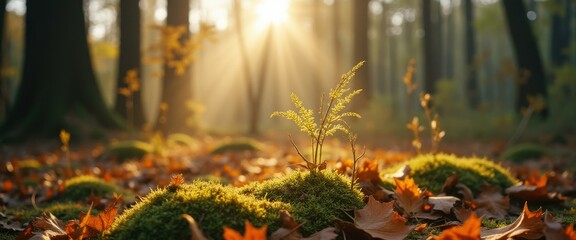 Aufkleber - Golden sunlight filters through autumn forest, illuminating mossy ground and fallen leaves creating a serene natural scene
