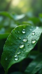 Poster - Dew-Kissed Leaf: A Close-Up of Nature's Refreshment and the Delicate Beauty of Raindrops