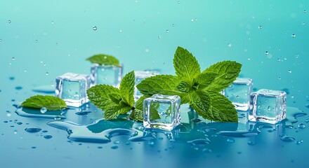 Poster - Close-up of fresh mint leaves scattered among melting ice cubes, with water droplets splashing dynamically on a smooth teal and blue gradient background. 