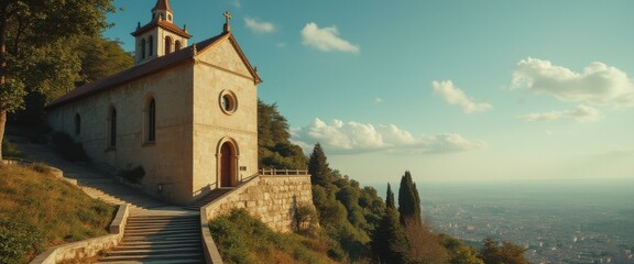 Poster - Tranquil Chapel Overlooking a Distant City Landscape Under a Bright Sky