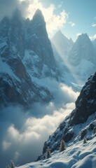 Poster - Dramatic snow-covered mountain range peaks rise above a sea of clouds with soft, diffused sunlight, creating a serene alpine landscape.