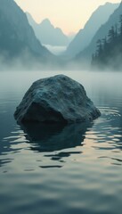 Poster - Serene Lakeside Scene: A Lone Rock Amidst Misty Mountains at Dusk