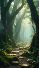 Poster - Path through an Enchanted Forest with Mossy Trees and Misty Sunlight