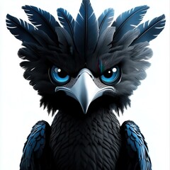 Poster - Fierce Cartoon Harpy Eagle Portrait on White Background: Intense Blue Eyes, Silver Beak, and Feathered Crest