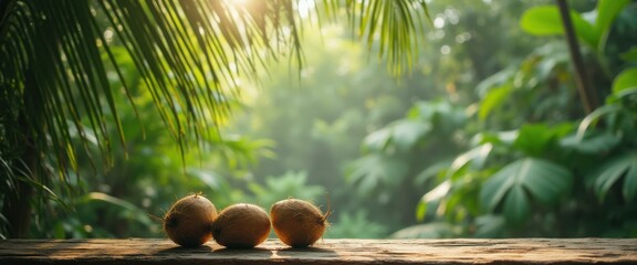 Aufkleber - Coconuts on Wooden Table in a Tropical Jungle Setting with Sunlight and Lush Greenery