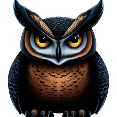 Poster - Majestic Horned Owl Portrait on White Background: Detailed Plumage and Piercing Yellow Eyes