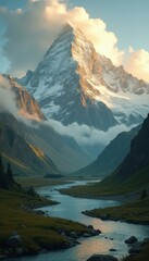 Poster - Breathtaking mountain landscape with towering peaks, glistening snow, winding river, and lush green valley under a dramatic sky
