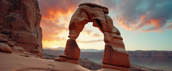 Poster - Monumental sandstone arch illuminated by vibrant sunset, nature's grandeur captured against colorful sky.