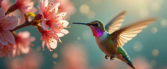 Aufkleber - Hummingbird with Pink Flowers: A Vibrant Scene of Nature's Beauty